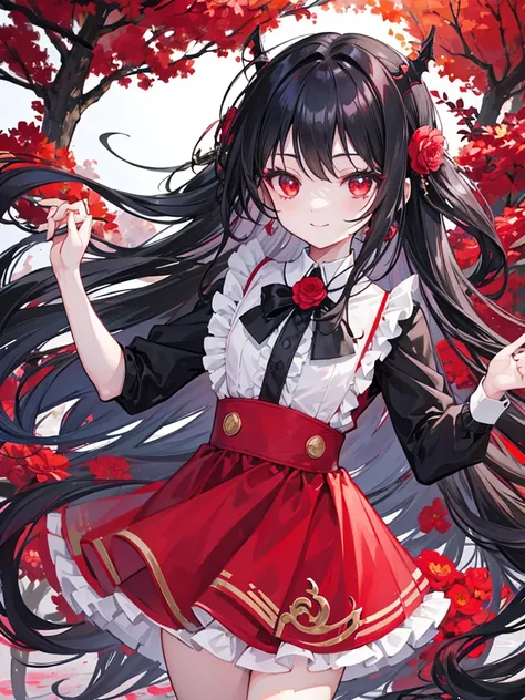 , red eyes, long wavy curry black hair, kid, smile, background in lake garden. Wear a flower-shaped hairpin on only one side. she is vampire. background and outfit modern western! 