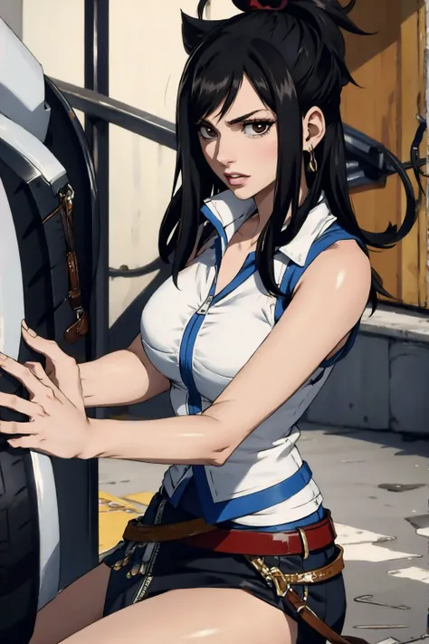 lucy heartfilia, blackquality hair, white skin covered in white makeup, punk clothes