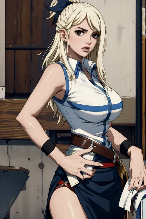 lucy heartfilia, blackquality hair, white skin covered in white makeup, punk clothes