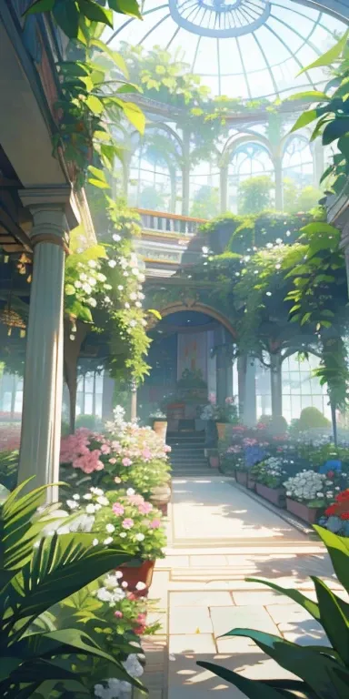 (of the highest quality, masutepiece, A hyper-realistic), Indoor Botanical Garden, dome, Lots of flowers, dense clump of plants, Landscape in the background、A garden where petals and puffs fly around. --v6