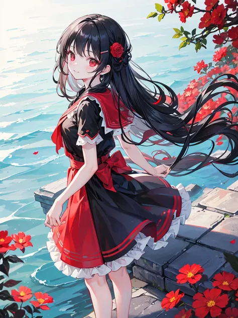 , red eyes, long wavy curry black hair, kid, smile, background in lake garden. Wear a flower-shaped hairpin on only one side. background and outfit modern western! Her hair is tied on the side. in western lake