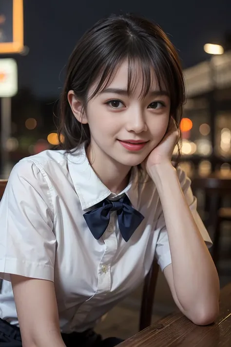 (8K, RAW Photos, Highest quality, masterpiece:1.2), (Realistic, photo-Realistic:1.37), Very detailed, 1 Girl,cute, alone,Beautifully detailed skies,Detailed Cafe,night,Sitting,date,(Red Nose),(smile:1.1),(Mouth closed), Medium Chest,Beautiful attention to ...