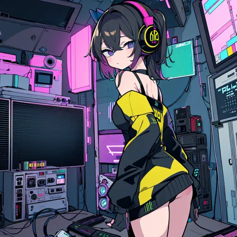 Best quality, (masterpiece), best detail face,1 girl, big breasts, 18 yo, 8k,absurdres,unity 8k wall paper,(extremely detailed:1.3), highest realistic, (retro headphones:), (soft neon light:), (psychedelic), Her room full of music equipment and plants, tig...