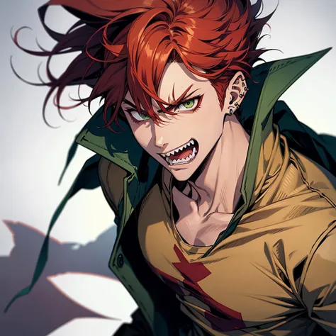 1 male, anime boy, delinquent, red hair, green eyes, tanned skin, , piercings, pointy teeth, angry face