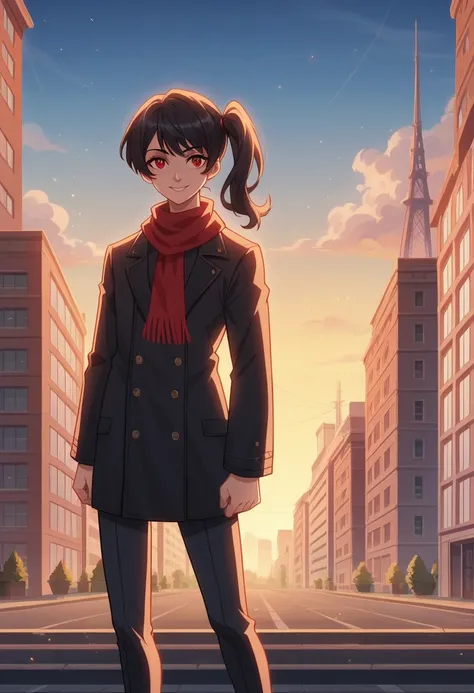 1girl, Michiko Malandro, , HD Michiko & Hatchin screencap, high definition, lighting, attractive, standing, smile, black coat, red scarf, black hair, side ponytail, red eyes, (very aesthetic, best quality, ultra detailed), 8k, intricate details, highres, a...