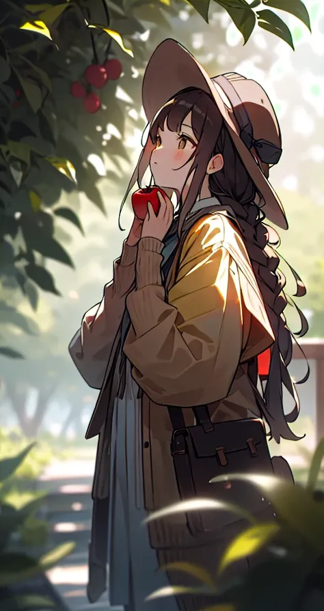 1girl, food, solo, fruit, holding food, holding, long hair, brown hair, holding fruit, outdoors, long sleeves, yellow headwear, branch, tree, hat, blurry, apple, closed mouth, brown eyes, day, bangs, looking up, hands up, jacket, leaf, standing, cowboy sho...