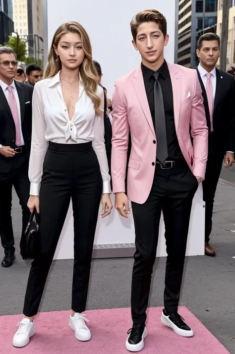 Milo manheim with a white blouse, tie, on top of this a black suit, dressed in black pants and black shoes; next to the blonde gigi hadid in a pink dress and pink sneakers