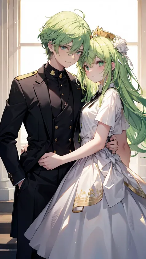 Man with light green eyes, tousled light green hair. Dressed in a white shirt and black tie, black pants and a small golden crown on his head. flirtatious smile. Holding the hand of a white-skinned woman, fuchsia eyes, long wavy hair with fuccia pink open ...