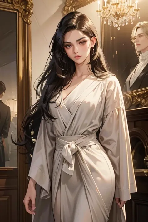 A beautiful 1 woman with long black hair, straight hair, bullish gaze, elegance, wearing a bathrobe, solid makeup, 23 years old with small bust, standing in a room with two handsome men in suits, well-muscled, firm shoulder width, adult male, boyish hairst...