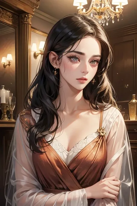 A beautiful 1 woman with long black hair, straight hair, bullish gaze, elegance, wearing a bathrobe, solid makeup, 23 years old with small bust, standing in a room with two handsome men in suits, well-muscled, firm shoulder width, adult male, boyish hairst...