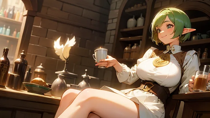 Anime Style,Nostalgic,Detailed background,The medieval world,A lively coffee shop with lots of people,A smiling short-haired bard elf girl holding a coffee cup,Large Breasts,Healthy thighs,Underarm