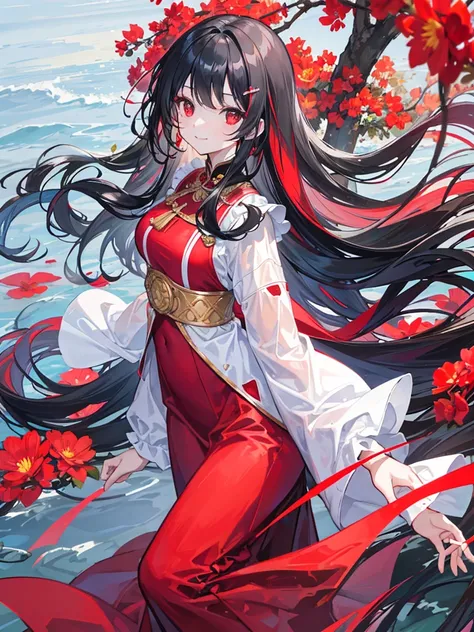 , red eyes, long wavy curry black hair, kid, smile, background in lake garden. Wear a flower-shaped hairpin on only one side. background and outfit modern western! Her hair is tied on the side. noble western castle.