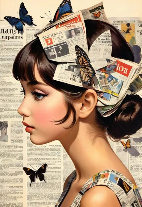 side view girl, solitary, wearing a magazine cover dress, delicate facial features and long eyelashes, a butterfly landed on her...