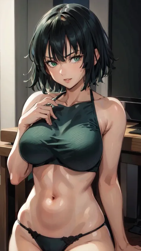 fubuki, fubuki, Dark green hair, Green Eyes, short hair, (Large Breasts:1.2), good, panties, black good, black panties, Portrait Shot, Upper Body Shot, Face Focus, Close-up shot, only Upper Body Shot, break indoors, office, break looking at viewer, break (...