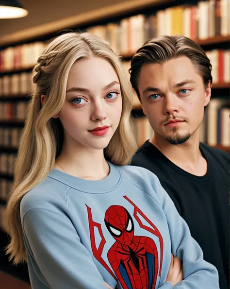 ((A couple in love)) a young man of 16 years old with bright blue eyes, light brown hair, physical resemblance to Leonard Dicaprio, a 16-year-old boy without a beard or mustache, dressed in a red spider-man sweatshirt, short hair hairstyle, standing next t...