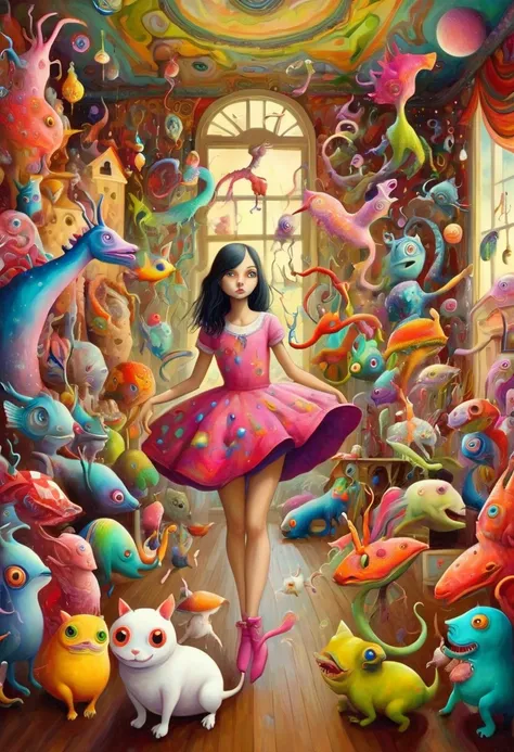 Tony Sandoval (Tony Sandoval) Style of vibrant surrealism, A beautiful girl，In a huge house，It is filled with strange and colorful creatures, Each one of them constitutes a fascinating dream.