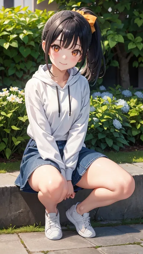 Highest quality、Realistic、Japanese、woman、cute、Orange eyes、Short Ponytail、Black Hair、、White hoodie、Denim skirt、Light grey sneakers、Crouch down、Bust Shot、garden、Small breasts、thin、looking at the camera、smile