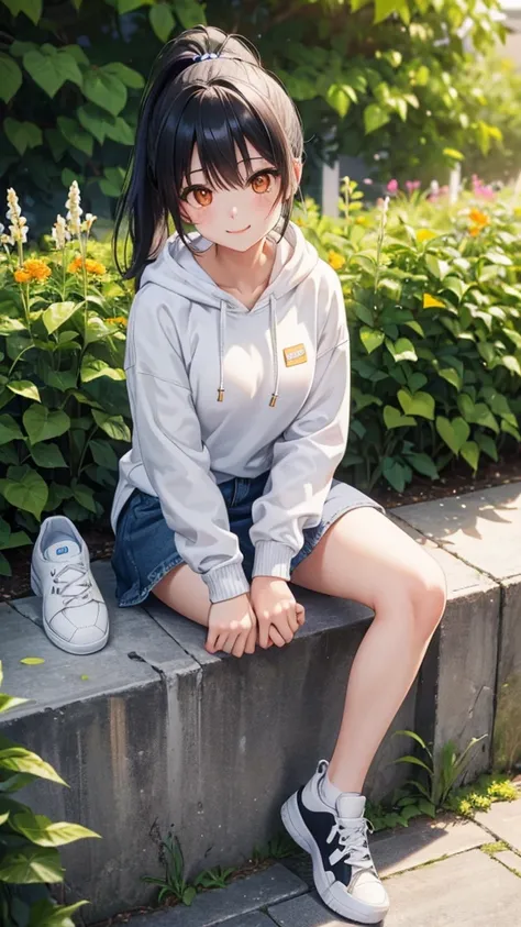 Highest quality、Realistic、Japanese、woman、cute、Orange eyes、Short Ponytail、Black Hair、、White hoodie、Denim skirt、Light grey sneakers、Crouch down、Bust Shot、garden、Small breasts、thin、looking at the camera、smile