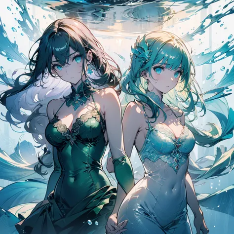 ((masterpiece, best quality)), Delicate face，green， Mermaid under the sea，Scales，whole body，Standing picture，Large Breasts，Gradient long wavy hair，Perfect body proportions，beautiful eyes，Extremely beautiful，transparent，Pure white background，Water Ripples，S...