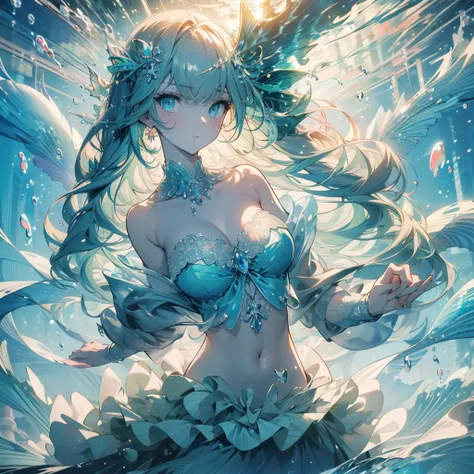 ((masterpiece, best quality)), Delicate face，green， Mermaid under the sea，Scales，whole body，Standing picture，Large Breasts，Gradient long wavy hair，Perfect body proportions，beautiful eyes，Extremely beautiful，transparent，Pure white background，Water Ripples，S...