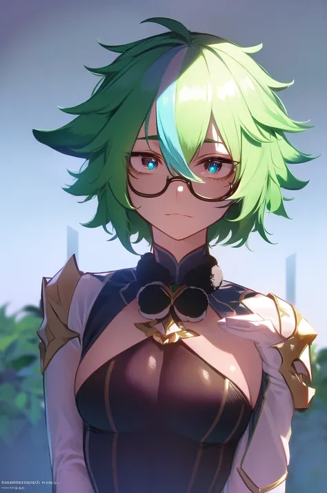 sucrosedef, sucrose \(genshin impact\), 1girl,solo, short hair,, green hair
break  (bunnysuit,semi-rimless eyewear,:1.4)
break l...