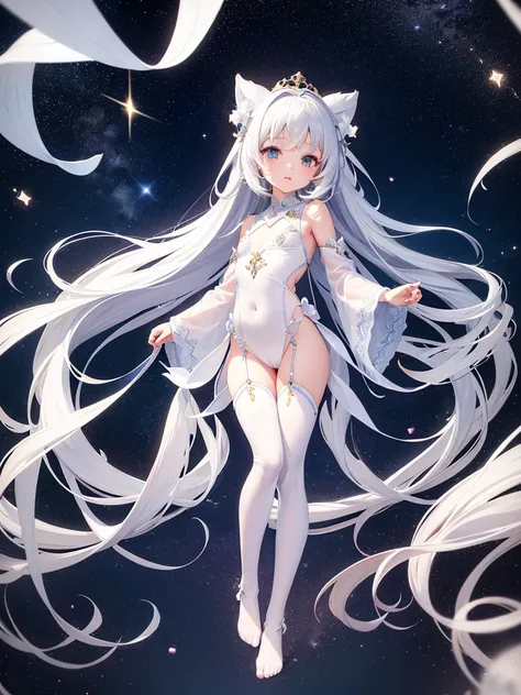 Little Loli，masterpiece, high resolution, best quality, Very detailed,wallpaper，Space starry sky background，Cute and cute，A body made of white jade，Silver long hair，Height one meter five，V-shaped jumpsuit，Full body picture,No shoes，Very small feet，Feet mad...