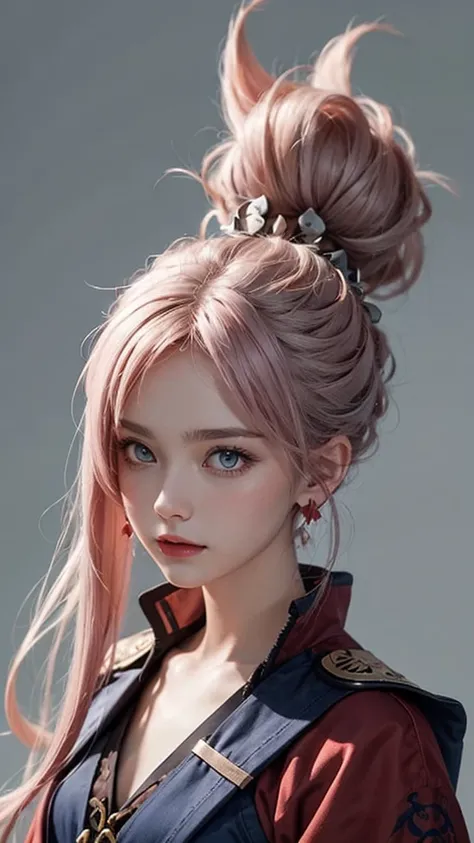 miyamoto musashi, asymmetrical hair, blue eyes, earrings, hair ornament, pink hair, ponytail, sidelocks,masterpiece anime, best quality 