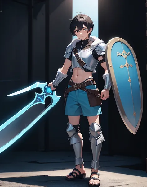 Young 13-year-old boy with black hair and brown eyes, innocent and happy, dressed in short neon-blue medieval barbarian clothes, fur shorts, light-blue battle armor, weilding silver sword and shield, sandals; fullbody; short hair, boyish athletic, sexy, me...