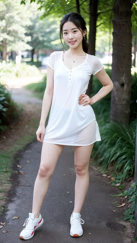 masterpiece, best quality, Surreal, Ultra Detailed, 8k resolution, RAW photos, Clear focus, (A girl in the forest), ((((Shift Dress:1.1)，sports Shorts,Full body posture, Solitary, Perfect body, Become a, 32 inches in the chest,(a charming smile:1), (sexy p...