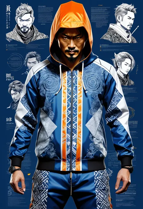 infographic character design,  multiple concept designs, concept design sheet, blue print paper, photo realistic , 3D, UHD, mixed style of yoji shinkawa, hideo kojima and Yoshitaka Amano , malay warrior wearing minimalist shiny Sukajan hoodie jacket with (...