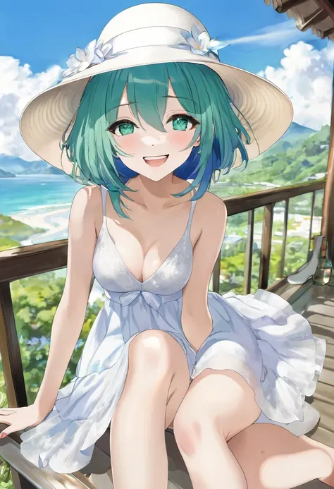 Light blue hair、Short Bob、Deep green eyes、Small breasts、White dress、White Sandals、White hat with a large brim、smile,nsfw
