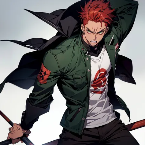 1 male, anime boy, delinquent, red hair, green eyes, dark tanned skin, piercings, pointy teeth, angry face, muscly, holding baseball bat, gakuran jacket, black clothes, school background,