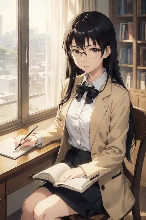 (Masterpiece, Top Quality, Best Quality, Anime Style, Makoto Shinkai style, Official Art: 1.1),1Girl wearing black frame glasses，Black Hair，Long hair，Bangs，Quiet，Sitting，Books in front of you，desk lamp，Light-colored coat，desk，bookshelf，Look at the viewer，I...