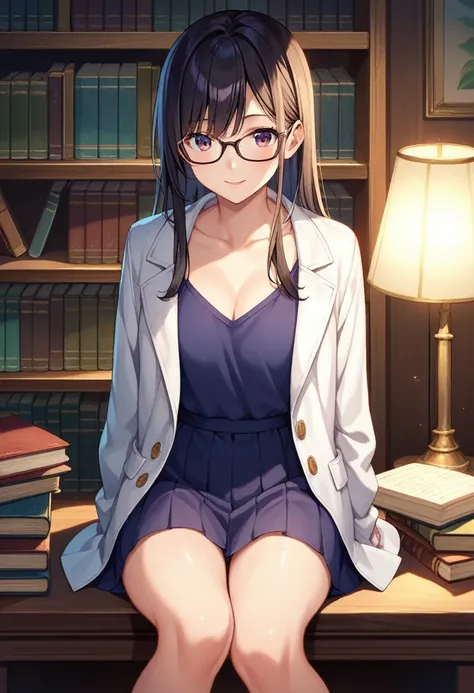 (Masterpiece, Top Quality, Best Quality, Anime Style, Makoto Shinkai style, Official Art: 1.1),1Girl wearing black frame glasses，Black Hair，Long hair，Bangs，Quiet，Sitting，Books in front of you，desk lamp，Light-colored coat，desk，bookshelf，Look at the viewer，I...