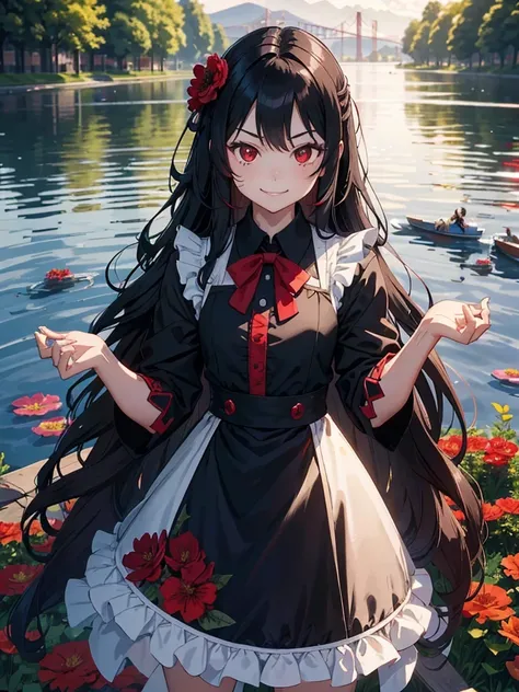 , red eyes, long wavy curry black hair, kid, smile, background in lake garden. Wear a flower-shaped hairpin on only one side. background and outfit modern western! Her hair is tied on the side. noble western castle. arrogant kid. smirk. sadistic smile. she...