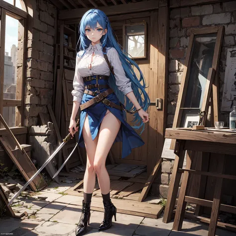 ( high quality , Very detailed, Accurate hands),One person,Blue Hair,Long Hair,Female Swordsman,A revealing adventurer-style outfit,Waist belt,No underwear,High heels,Serious face,Inside the fantastic ruins,Combat Ready,