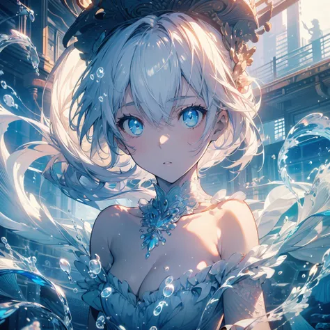 ((masterpiece, best quality)), Delicate face，White， Mermaid under the sea，Scales，whole body，Standing picture，Large Breasts，Gradient double ponytail，Perfect body proportions，beautiful eyes，Extremely beautiful，transparent，纯White背景，Water Ripples，Sexy Lingerie...