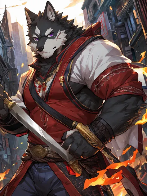 embedding:Black wolf，male, Purple eyes,Scar on the face, Single Person,black fur.Samurai,Samurai suit,Holding a samurai sword,Adult male,strong，Serious,Handsome,Muscular,Tall,Best quality hands, best quality eye，detailed fur，Delicate eyes.Extreme picture q...