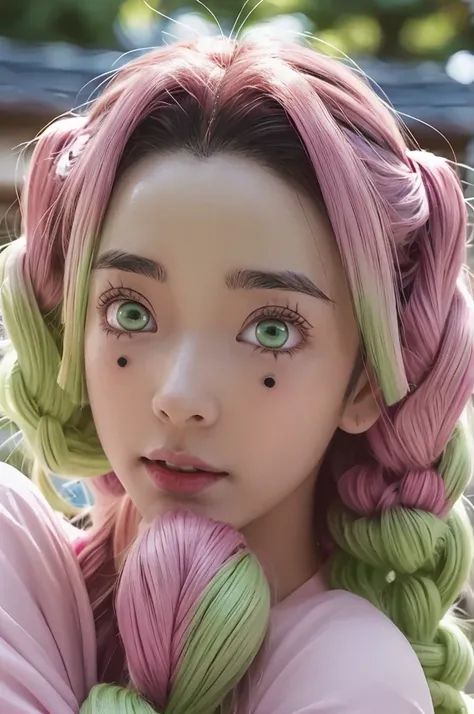 Super Close-up Mitsuri Kanrojis (28 age) character from the anime Kimetsu no Yaiba in a realistic anime style. Be sure to highlight her pink and green hair, as well as bright green eyes that exude cheerfulness and strength. The eyes should have stunning ir...