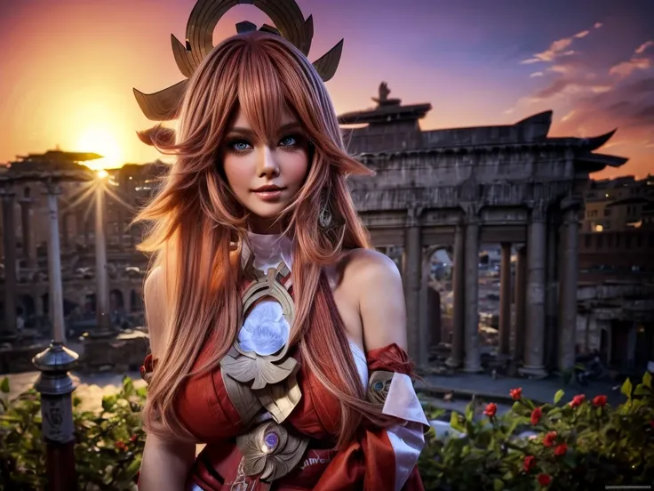 Foreground: a gorgeous woman, Large breasts, wavy hair in the wind. shes a men magazine model, She has a subtle smile and flirts with the camera, (she is Yae Miko, genshin impact, cosplay), background posing in Rome, red light district Rome, green trees, b...