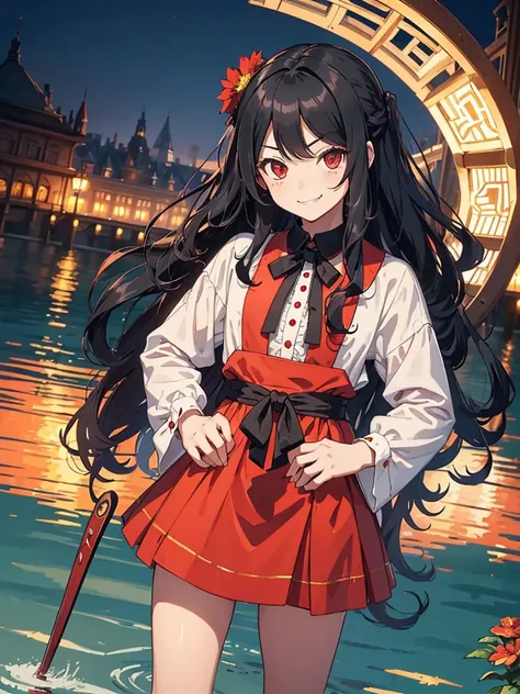 , red eyes, long wavy curry black hair, kid, smile, background in lake garden. Wear a flower-shaped hairpin on only one side. background and outfit modern western! Her hair is tied on the side. noble western castle. arrogant kid. smirk. sadistic smile. nob...