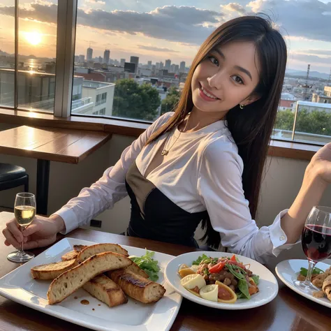 ((Highest quality、、masterpiece:1.3))、1 male 1 female、Slim lovers、Beautiful couple、Japanese couple、smile、 (Slim face), (the body is スリム), (Brown Hair), (Shortcuts), ((Bob Hale、Straight hair:1.2)), Full course dinner on the table、wine glass、Please shine a li...