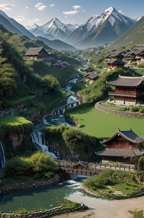 ancient villages of china, (dark brown wood:1.3)，(iron:1.3),（gray:1.4）, with reed roof, with green grass en los techos, outdoor, stone path, with green grass, sign, calm_villagers, (mountains with snow_and a waterfall:1.3), with 5 Chinese cabins and a brid...