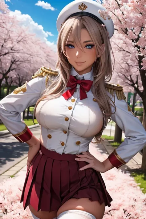 {{{nsfw:1.5}}},{{{Nude}}}masterpiece, best quality, nmascot, epaulettes, uniform, pleated skirt, white thighhighs, medium breasts, looking at viewer, upper body, petals, cherry blossoms, light smile, sky, clouds, hands on hips, beautiful hands 