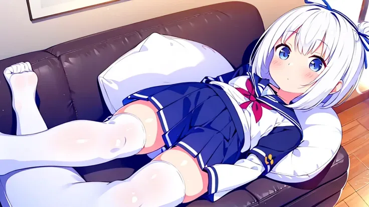 Extremadamente detallado gran calidad de imagen 1 white-haired girl with ribbon decorations on her head, blue eyes in school mini skirt navy Women with white stockings at home