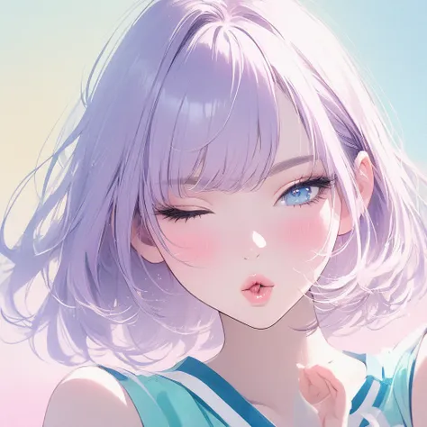 Girl, light purple hair, blue eyes, beautiful, cheerleader uniform, pastel colors, face close-up, flat, lip gloss, brat, ethereal, short hair, puckering up, kissy face, blowing a kiss, lips closed