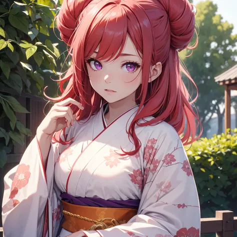 (8K, Best Quality, Masterpiece, Ultra High Resolution) 1 Girl, Beautiful Eyes, Face Details, Long Red Hair, Hair Buns, Pink Eyes, Pale Skin, , Wearing Kimono, White Kimono, Purple Details, Standing Outside, Best Quality, Upper Body, Looking at the Viewer, ...