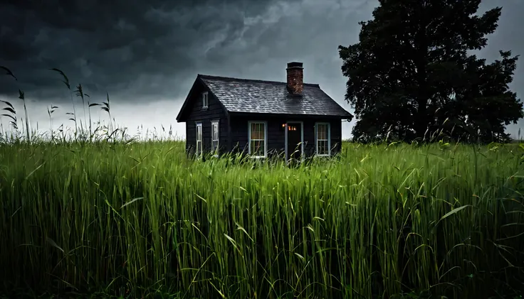 small house, surrounded by tall grass, dark, ominous environment