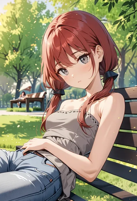 one young woman sleeping on park bench, gray strapless top with white trim, jeans, gray eyes, swept bangs, low twin tails, dark red hair, stoic, dusk, willow trees, depth of field, blurred background, light particles, windy, small breasts, toned arms, (par...