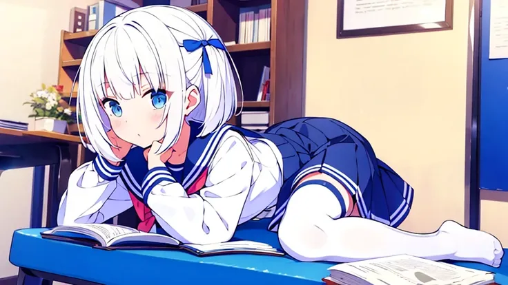 Extremadamente detallado gran calidad de imagen 1 white-haired girl with ribbon decorations on her head, blue eyes in school mini skirt navy Women with white stockings at home